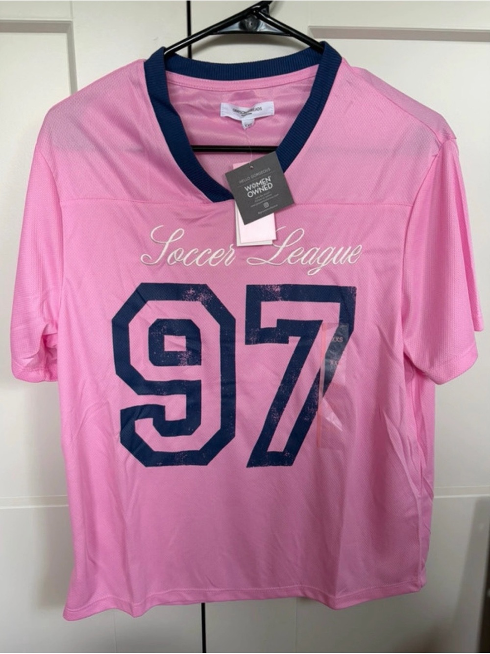 Grayson Threads Pink Soccer League 97 Short Sleeve Jersey with Navy Accents